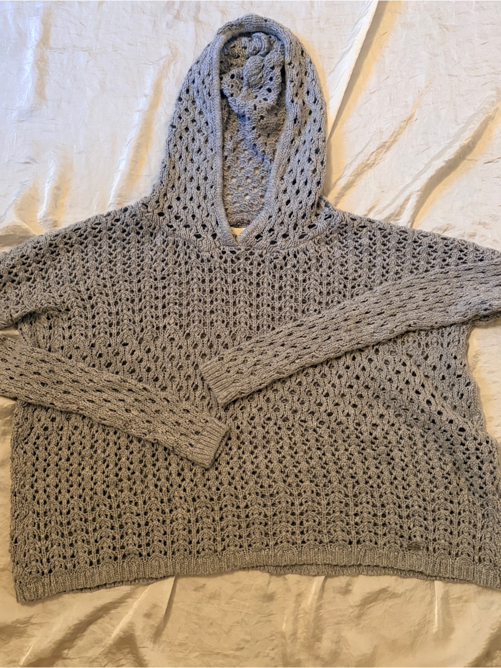 Hollister Light Gray Open-Weave Crochet Crewneck Sweater with hoodie.